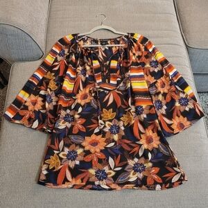 New Directions Floral Abstract Boho Wide Sleeve Top Blouse Size Small